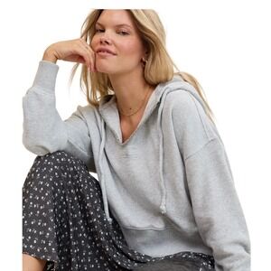 Aerie Gray Hoodie Sweatshirt Rhinestone V Neck Pullover Women's Large